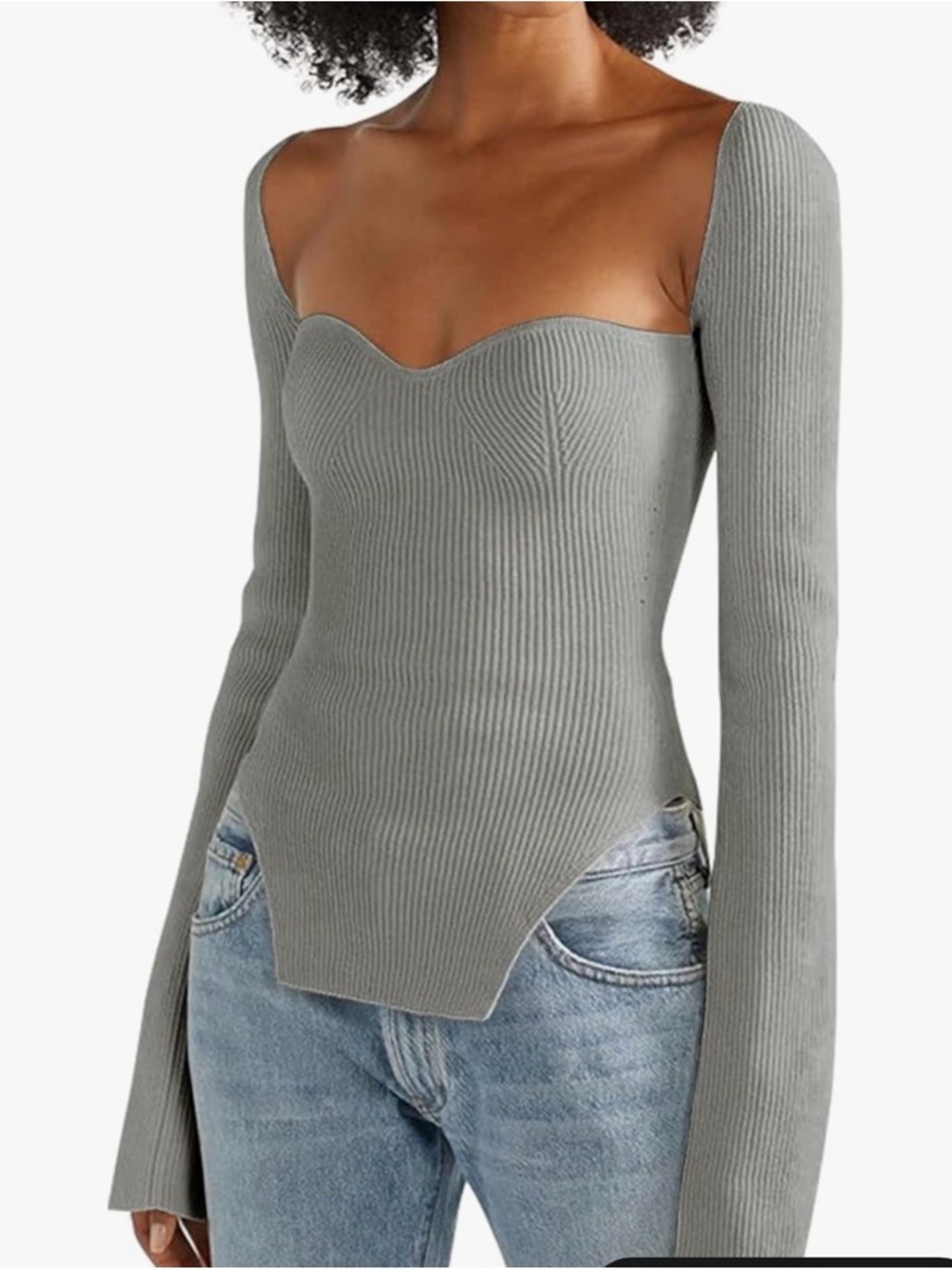 Amazon Women’s V-Neck Ribbed Long-Sleeve Sweater Top — Gray